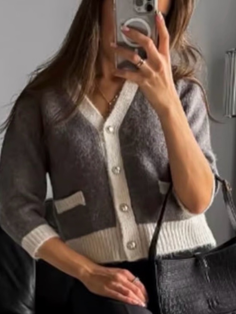 Zara Gray Cardigan with Cream Trim and Pearl Buttons
